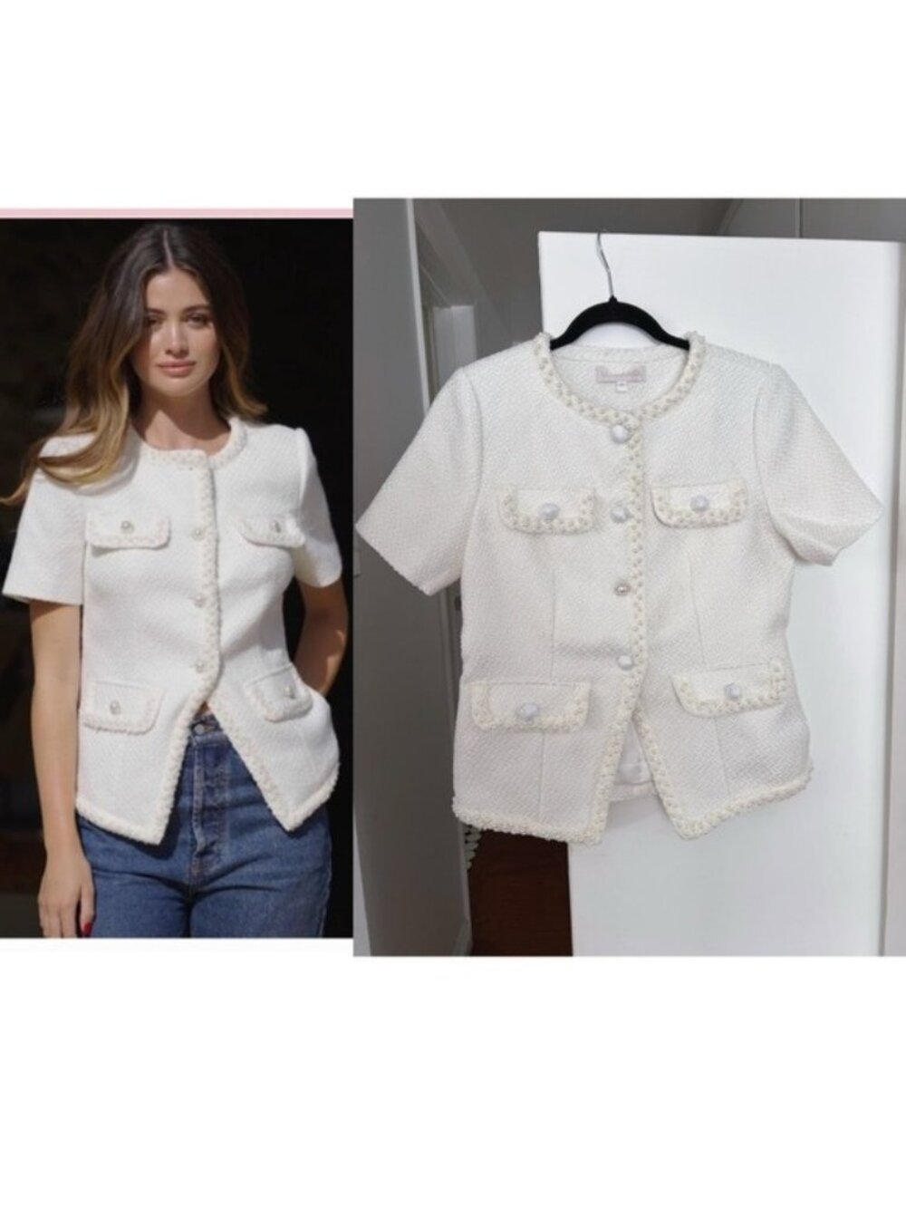 LOVE LOLINA -ABBOT TOP WHITE Elegant White Short Sleeve Jacket, M